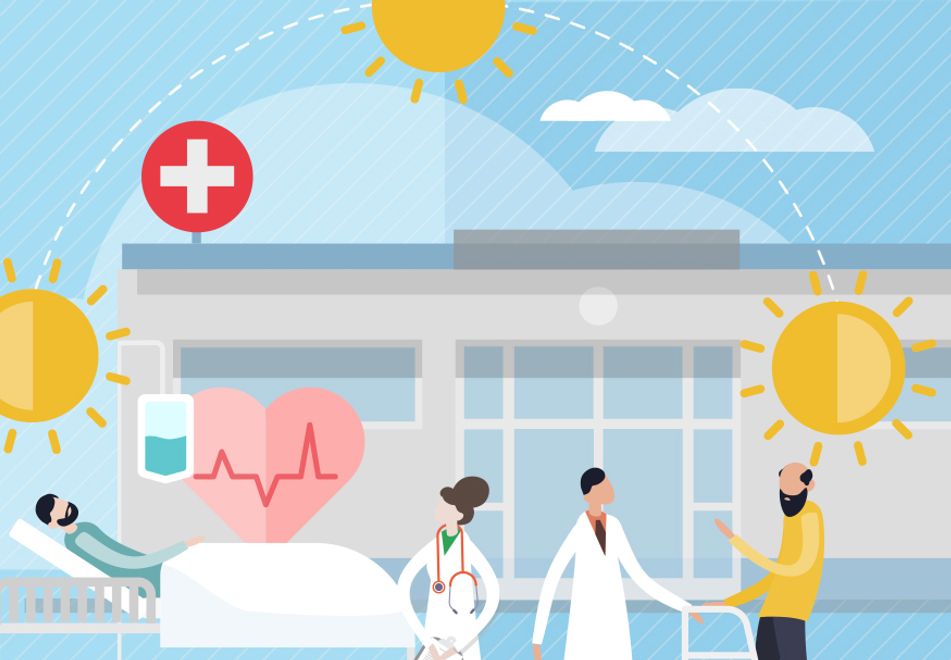 illustration showing patients being taken care of during different light levels during the day