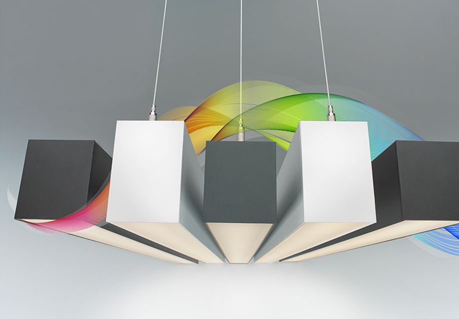 black and white hanging light fixture graphic with rainbow design