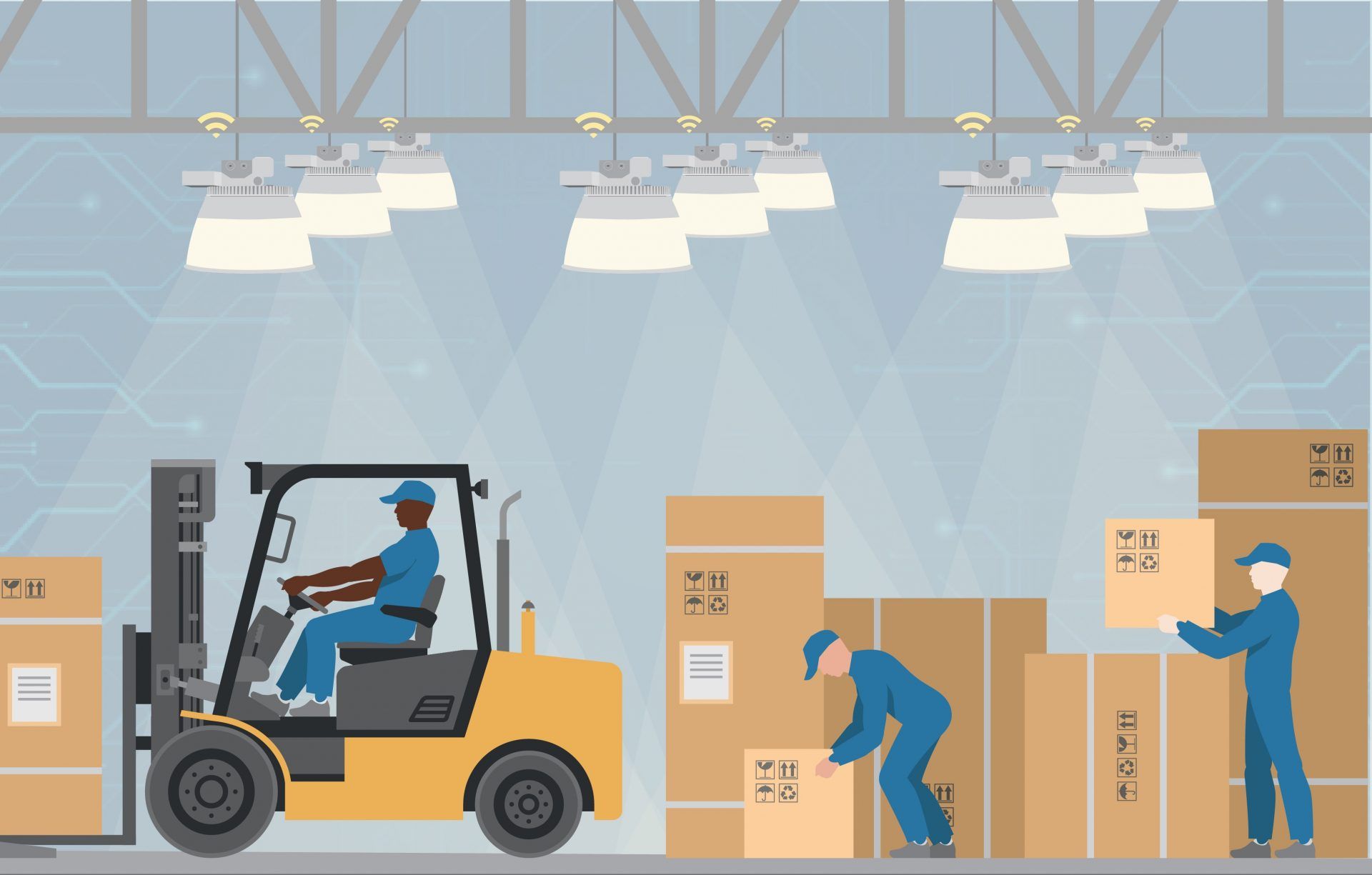 illustration of factory workers operating forklift under intelligent factory lighting