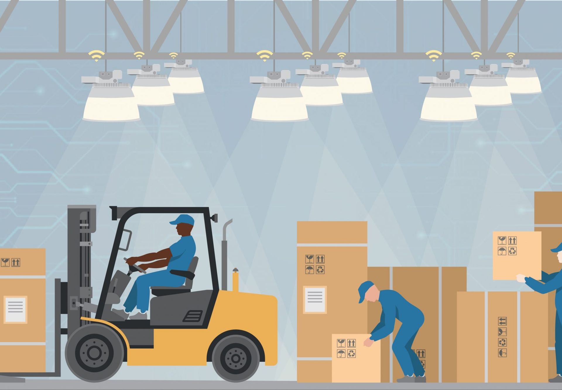 illustration of factory workers operating forklift under intelligent factory lighting