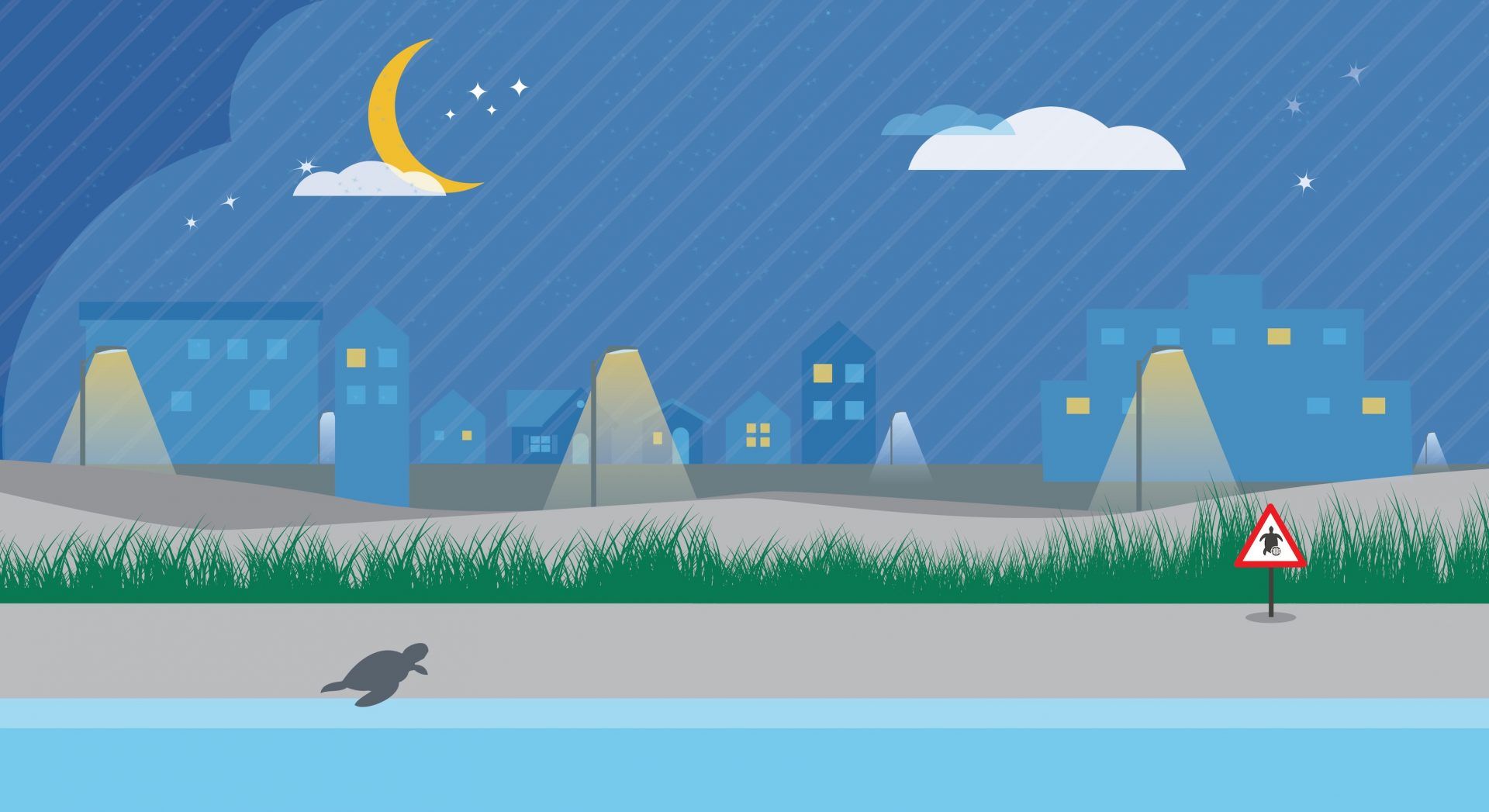 illustration of turtle hatching with different color value street lighting just beyond the dunes
