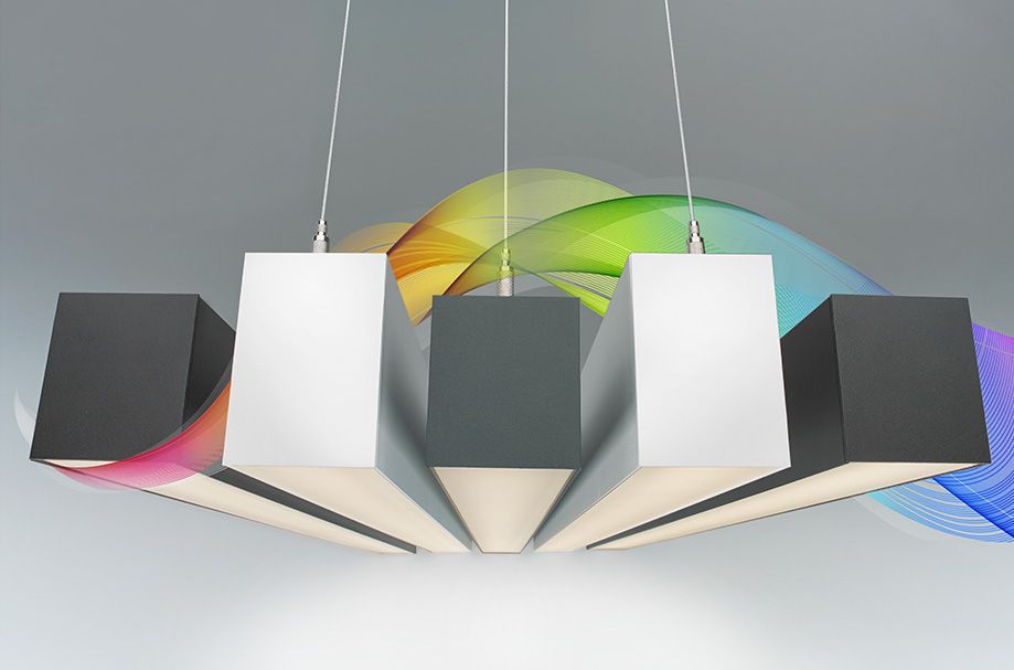black and white hanging light fixture graphic with rainbow design